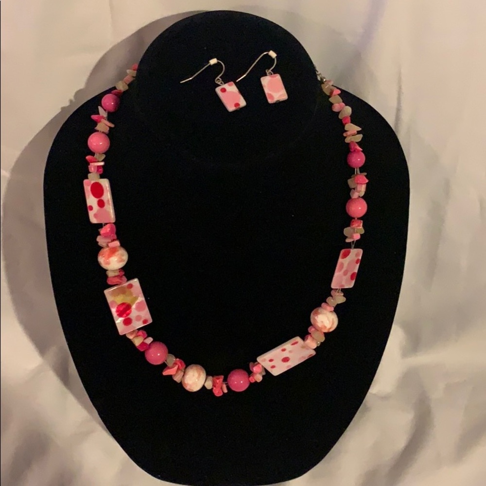 Pink Polka dotted Necklace and Earring Set